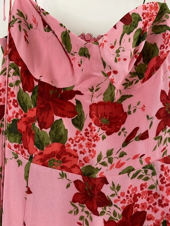 Reformation Floral Pink Slip Dress with Red Bloom Print - Picture 3 of 4